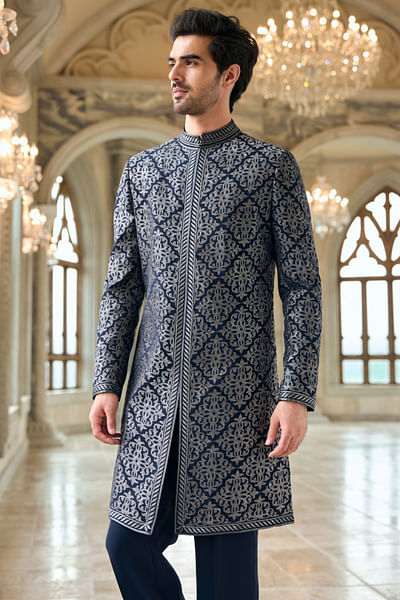 Navy geometrical embroidered sherwani set