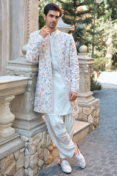 Multicolour floral embroidered sherwani set