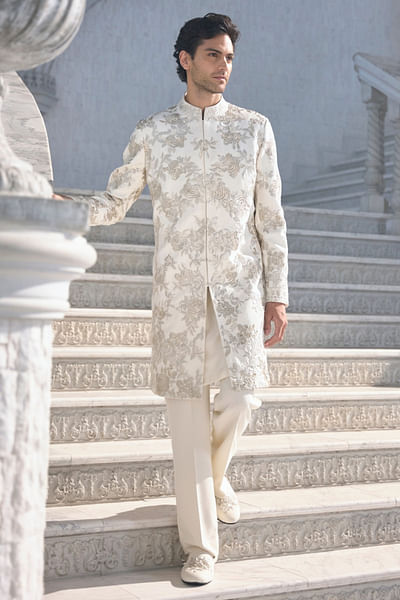 Ivory floral zari embroidered sherwani set
