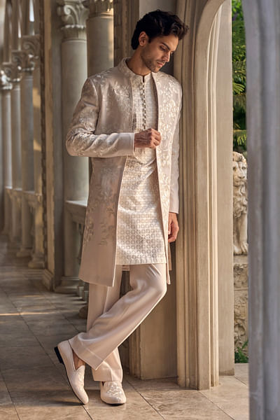 Beige floral embroidered open sherwani set