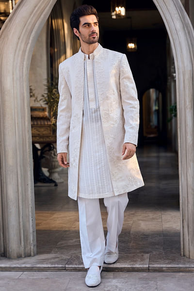 Cream floral embroidered open sherwani set