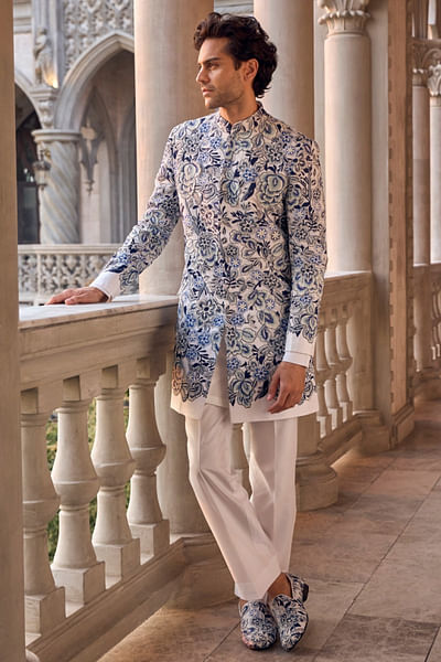 Ivory floral cutwork embroidered sherwani set