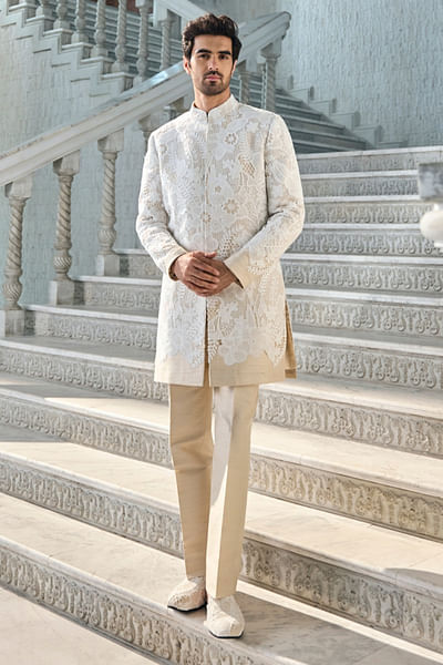 Nude floral cutwork sherwani set