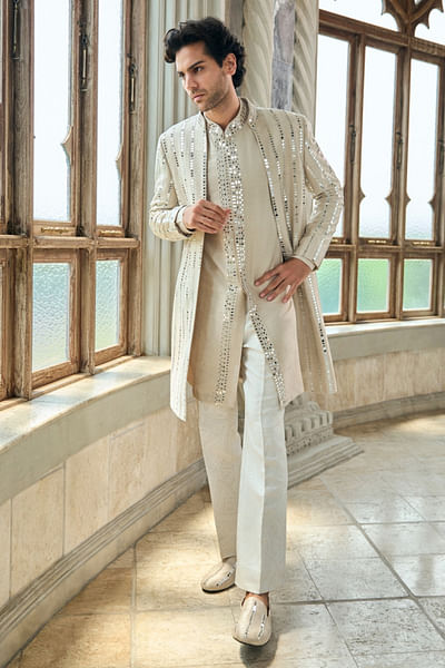 Beige mirror work open sherwani set