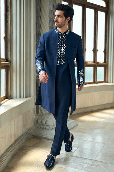 Persian blue mirror work open sherwani set