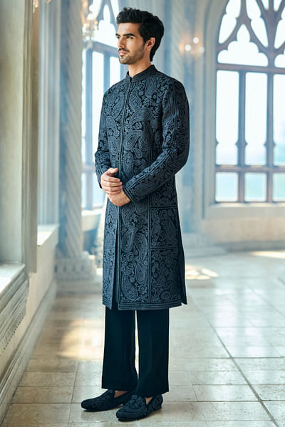 Black paisley embroidered sherwani set