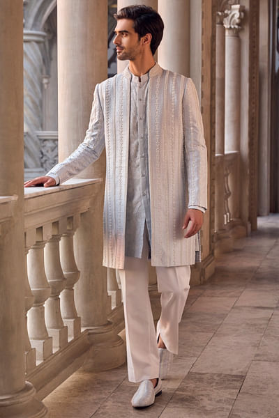 Powder blue pearl embroidered sherwani set