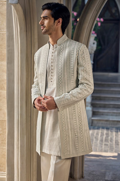 Grey dori embroidered open jacket kurta set