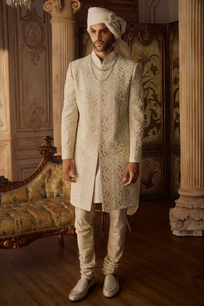 Nude pearl embroidered sherwani set