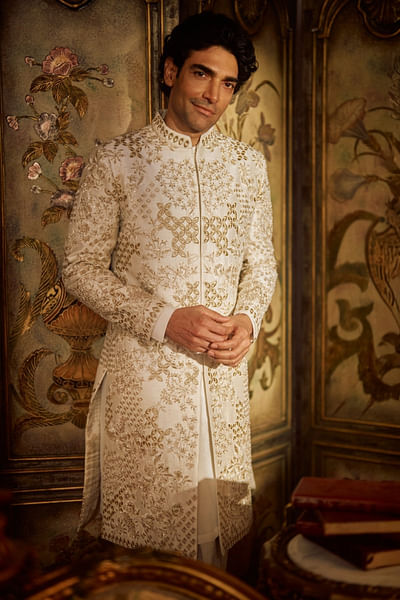 Ivory and gold embroidered sherwani set