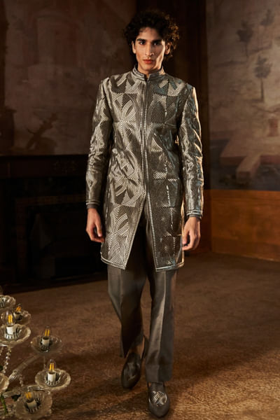 Metallic charcoal zari embroidery sherwani set