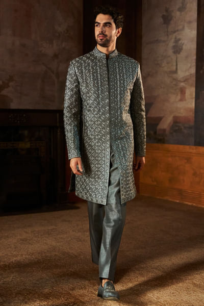 Metallic charcoal embroidered sherwani set