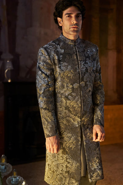 Charcoal silver thread embroidery sherwani set