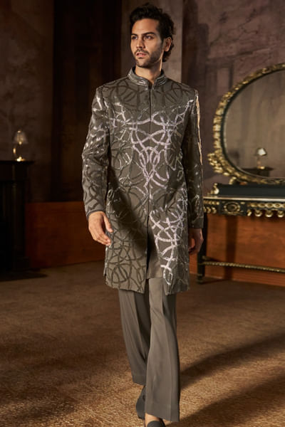 Metallic grey abstract embroidery sherwani set