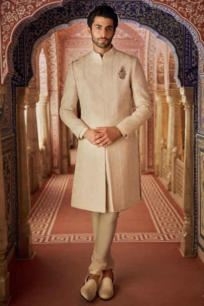 Champagne thread embroidered sherwani set