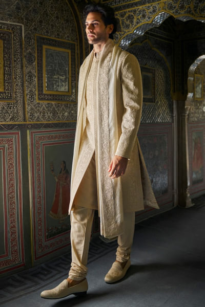 Champagne thread embroidery sherwani set