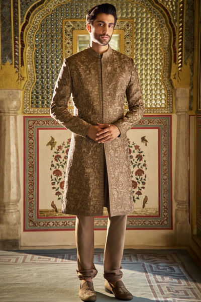 Slate tonal thread embroidered sherwani set