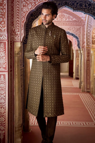 Olive thread-sequin embroidered sherwani set