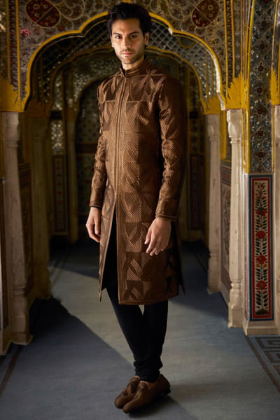 Bronze metallic thread embroidery sherwani set