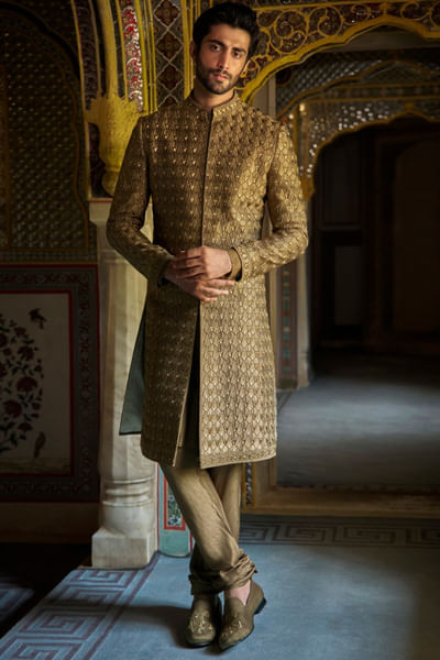 Antique gold thread embroidered sherwani set