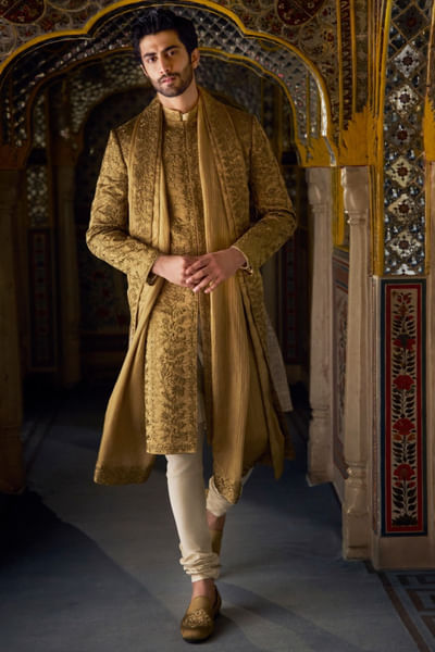 Antique gold zari embroidered sherwani set