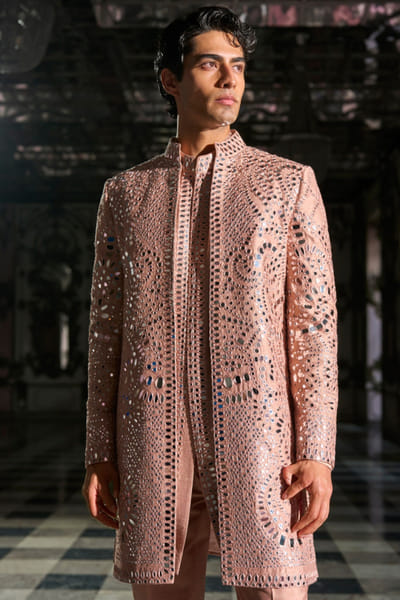 Rose gold mirror embroidered sherwani set