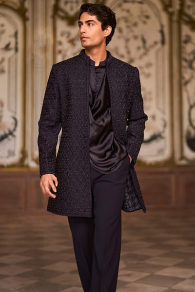 Navy blue thread embroidered open-sherwani set