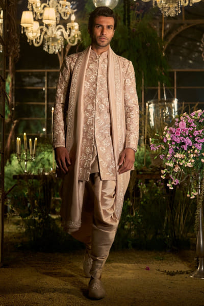 Rose champagne embroidered sherwani set