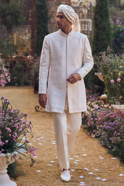 Ivory geometric embroidered sherwani set