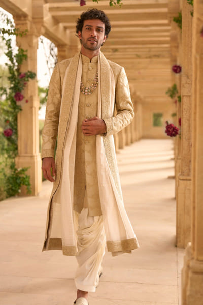 Seema Gujral Champagne thread embroidered sherwani set SEEMJUL26D149121