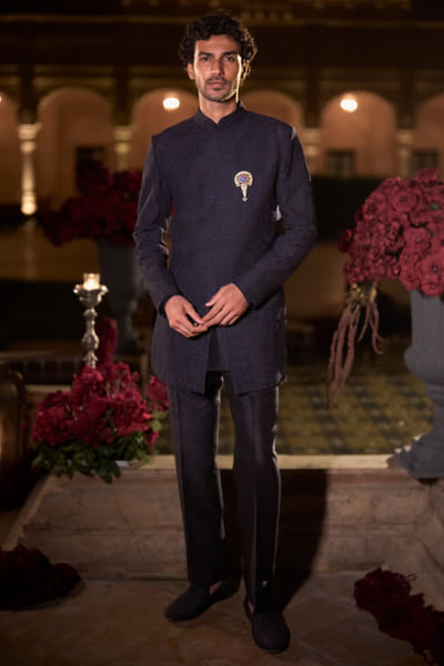 Seema Gujral Navy blue thread embroidered sherwani set SEEMJUL26D149113