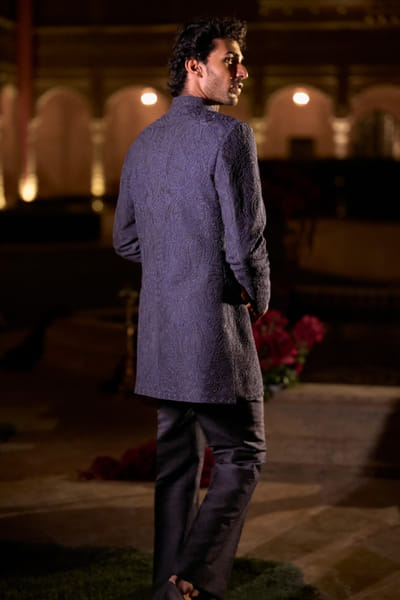 Seema Gujral Navy blue thread embroidered sherwani set SEEMJUL26D149113