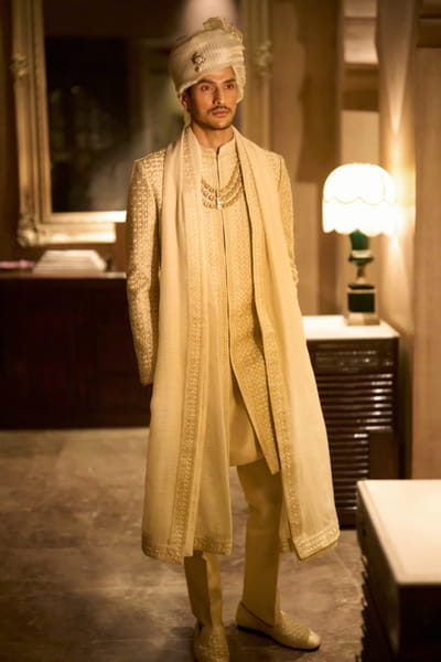 Seema Gujral Ivory nude thread embroidered sherwani set SEEMJUL26D149122