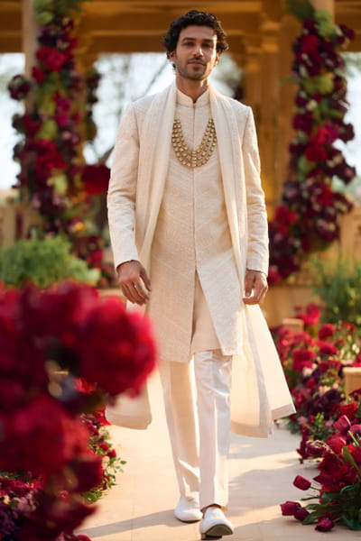 Seema Gujral Cream pearl embroidered sherwani set SEEMJUL26D149110
