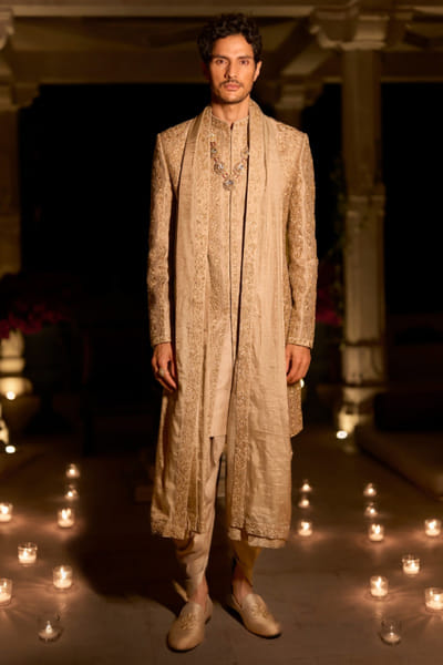 Seema Gujral Champagne zardozi embroidered sherwani set SEEMJUL26D149108