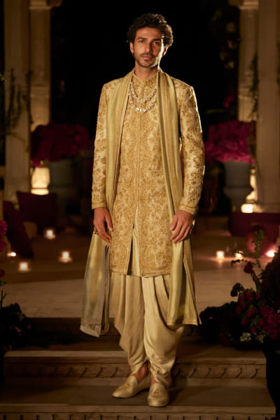 Seema Gujral Slate gold sequin embroidered sherwani set SEEMJUL26D149107
