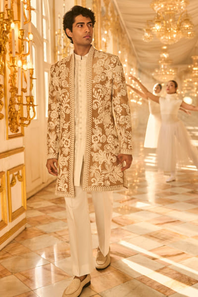 Nude floral dori embroidered open-sherwani set