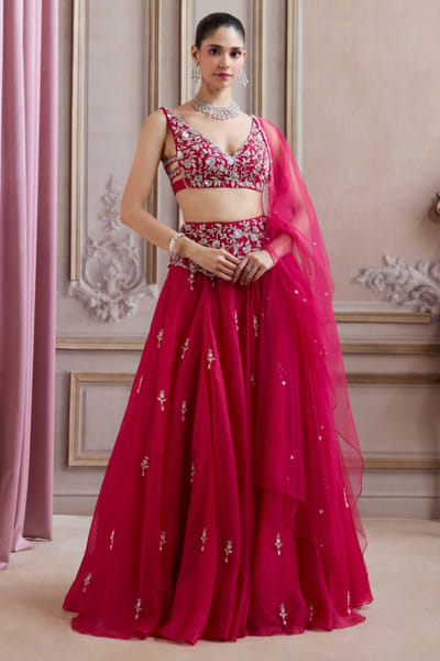 Magenta jaal embroidered belted lehenga set