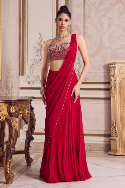Sanya Gulati Magenta pearl embroidered pre draped sari set SANDEC25D135051