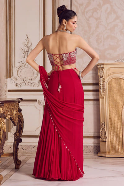 Sanya Gulati Magenta pearl embroidered pre draped sari set SANDEC25D135051