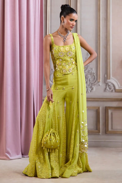 Sanya Gulati Neon green 3D embroidered corset sharara set SANDEC25D135061