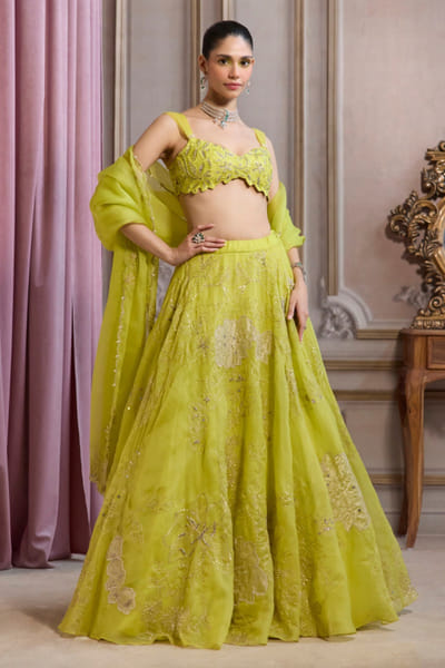 Neon green pearl embroidered lehenga set