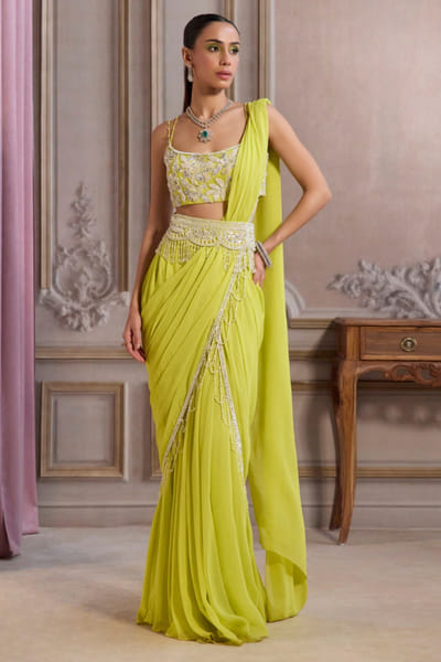 Neon green embellished pre drape sari set