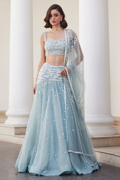 Powder blue pearl embroidered lehenga set