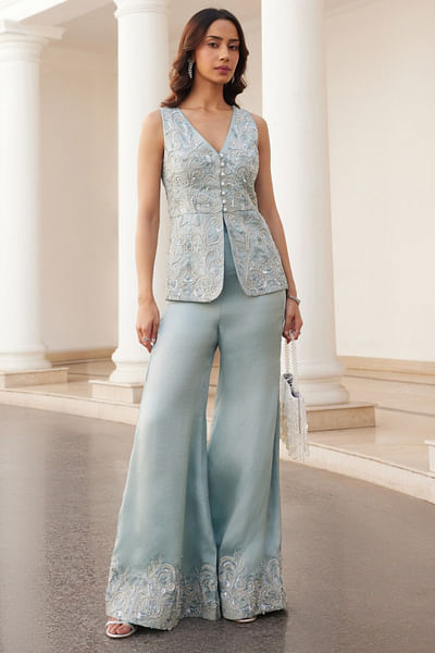 Powder blue embroidered peplum and pants