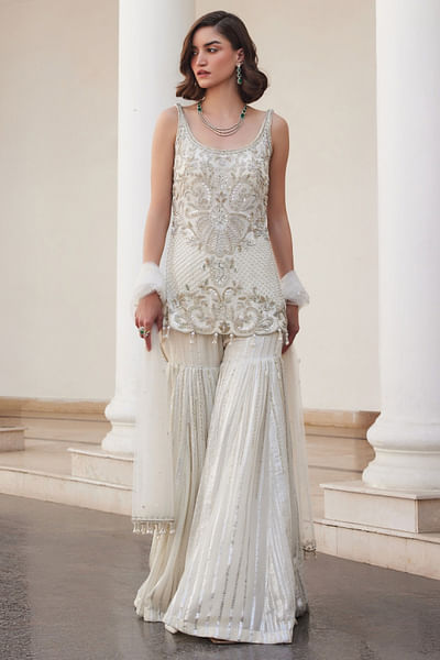 Pearl white cutdana embroidered gharara set
