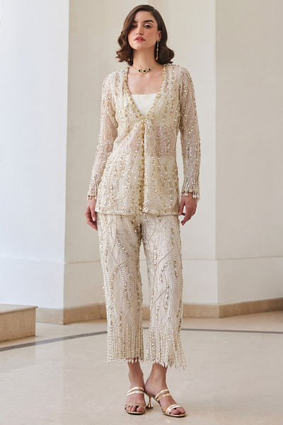 Pearl white embroidered jacket set