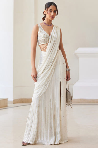 Pearl white embroidered pre-draped sari set