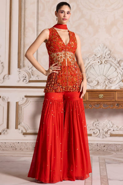Sanya Gulati Rust 3D embroidered peplum sharara set SANDEC25D135054
