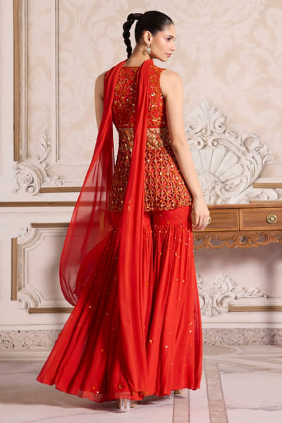 Sanya Gulati Rust 3D embroidered peplum sharara set SANDEC25D135054